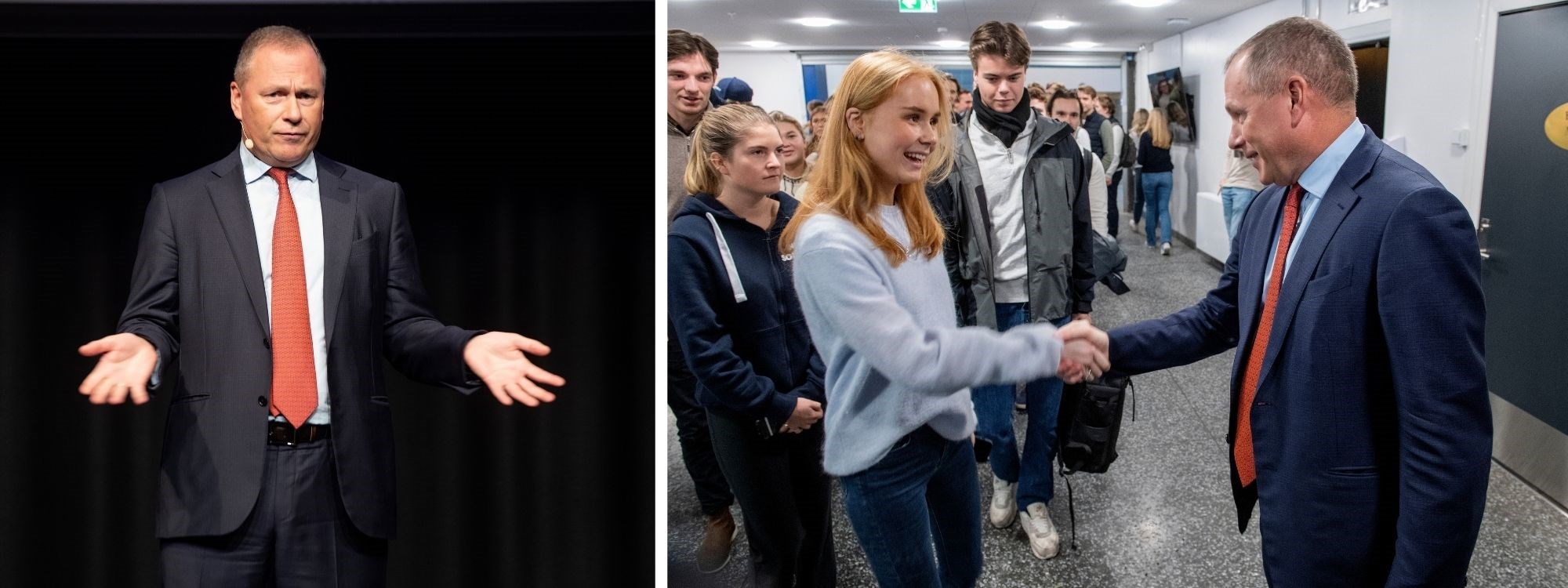 Bilde av Nicolai Tangen fra scenen og som hilser på studenter før Lehmkuhlforelesningen. Foto: Helge Skodvin