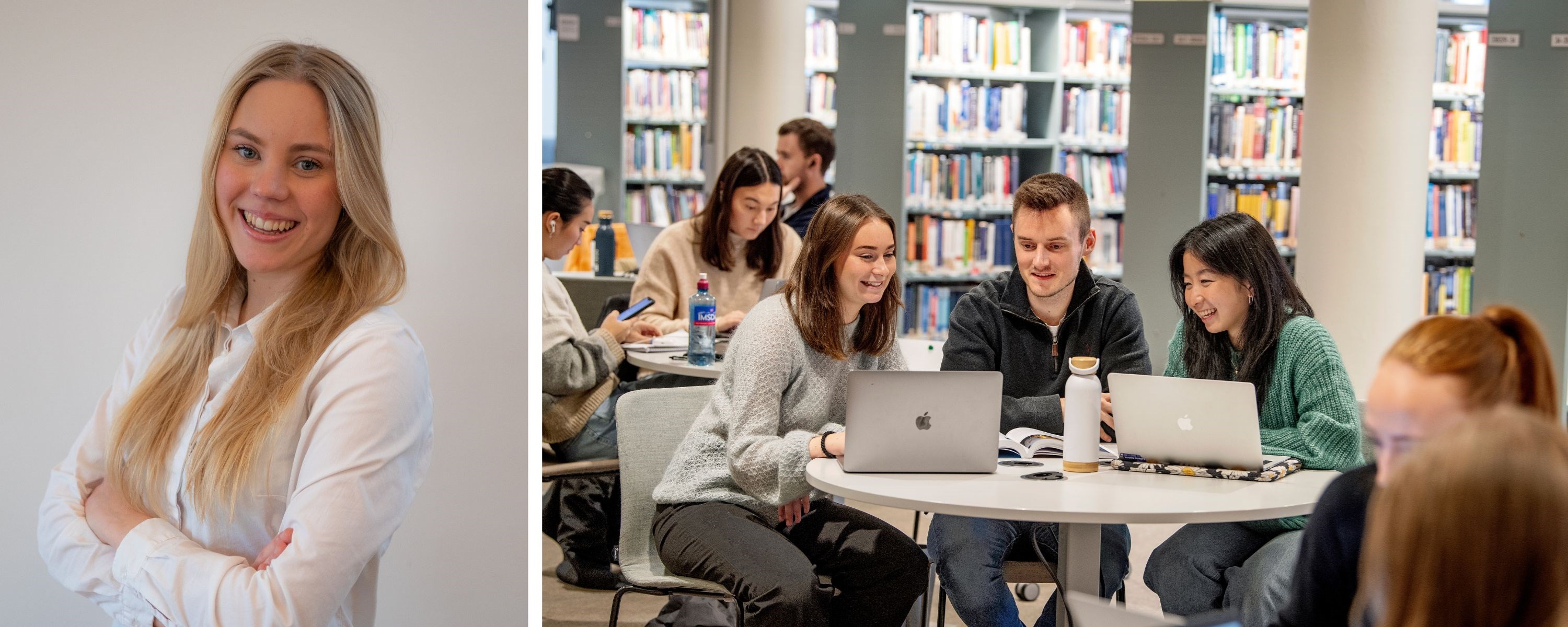 Bilde av Kristin Lervik Masana og NHH-studenter foran PC. Foto: privat og Helge Skodvin