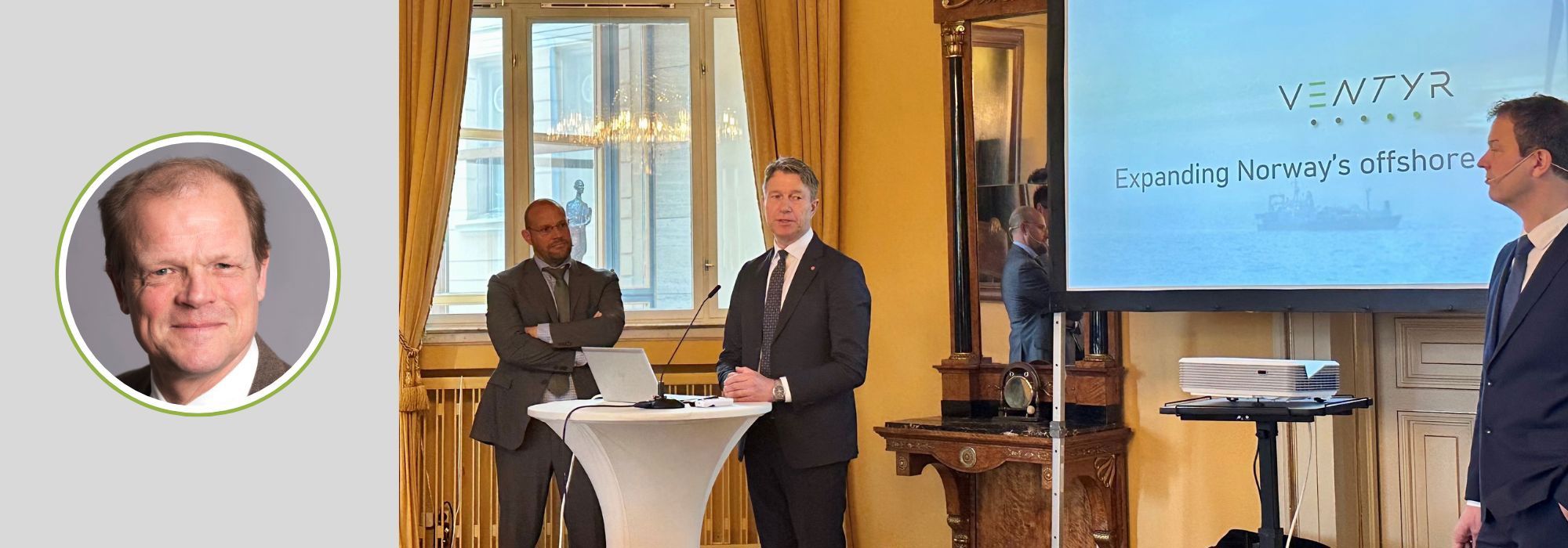 In April, Minister of Energy Terje Aasland met the management of Ventyr SN II, which will develop the first large offshore wind project on the Norwegian continental shelf (Francois Van Leeuw, Energy Minister Terje Aasland and Peter van der Poel). Photo: Department of Energy (Stine Grimsrud)