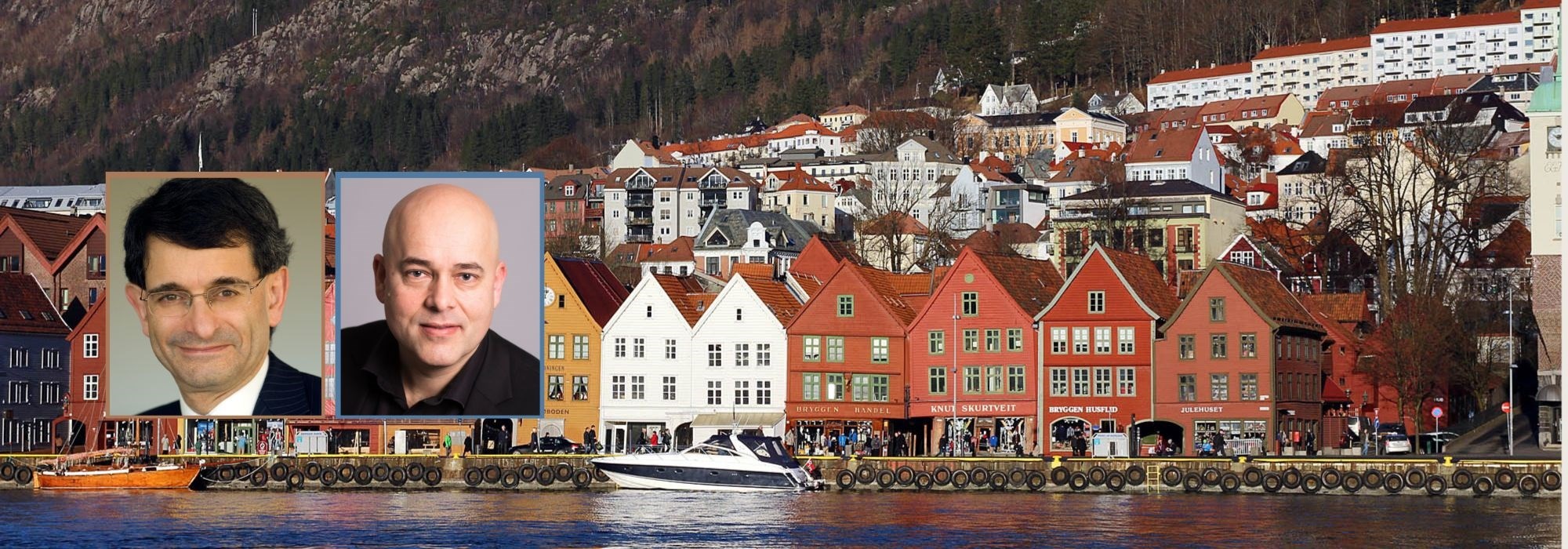 Professor Colin Mayer and Professor Magne Supphellen on a backdrop showing Bryggen in Bergen