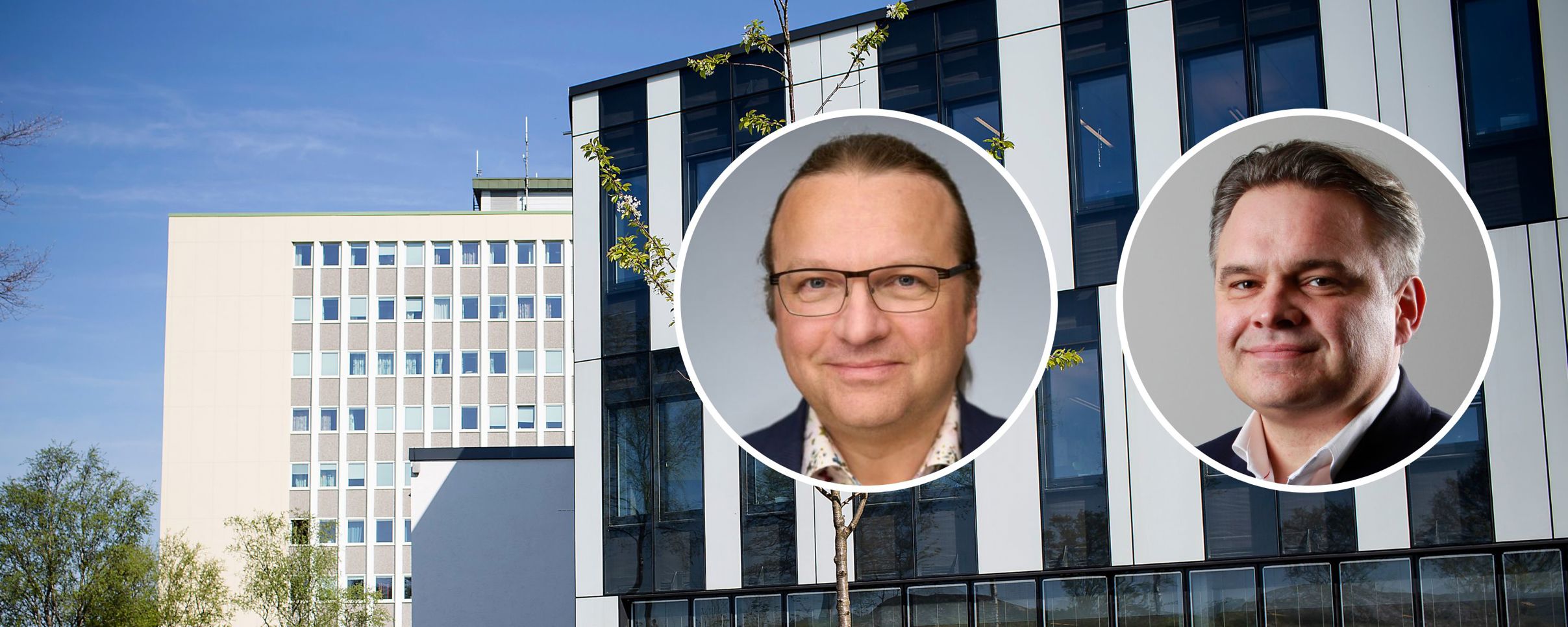 Photo of Trond Søreide and Tore Hillestad and NHH campus. Photo: Silje Katrine Robinson