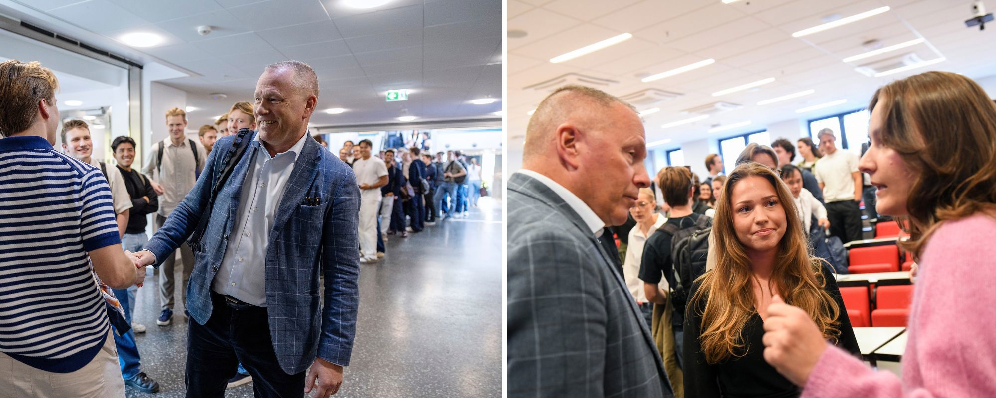 Aurora Malthe-Sørenssen (til venstre) og Kristine Adele Bjærum går begge siste året på BEDS, NHH internasjonale bachelorprogram. De fikk en kort prat om mulige karriereveier videre med Nicolai Tangen. OLjefondsjefen tok seg god tid til å prate med studenter.  Foto: Silje K. Robinson /Ingunn Maarnes-Gjærde