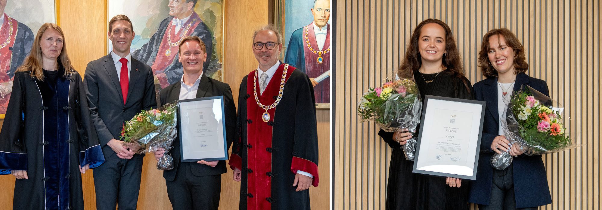 Prorektor for forskning Katrine Løken, klima- og miljøminister Andreas Bjelland Eriksen, prisvinner og leder i Bergen Challenge Kristian Sørlien og NHH-rektor Helge Thorbjørnsen. Til høyre Marthe Soldal og Eira Sofie Tvedten fra gruppen Avbrekk, som også mottok pris på NHHs immatrikulering denne uken. Foto: Helge Skodvin