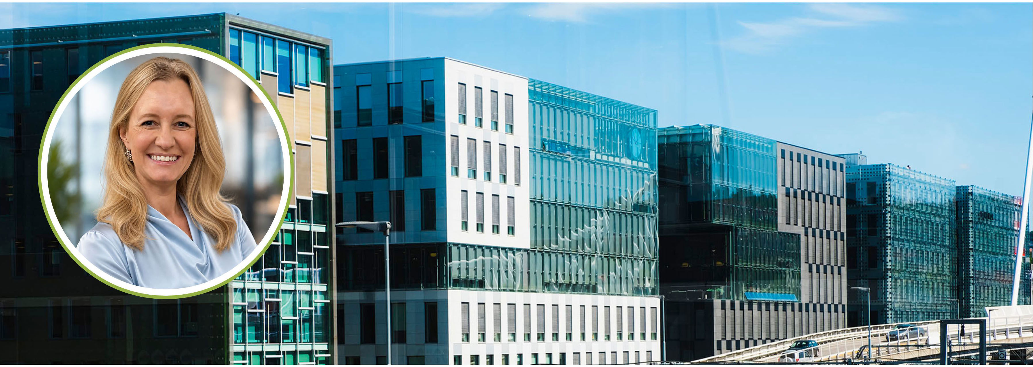 Photo collage of head of You & AI in Gjensidige, Helene Cappelen, and their company HQ
