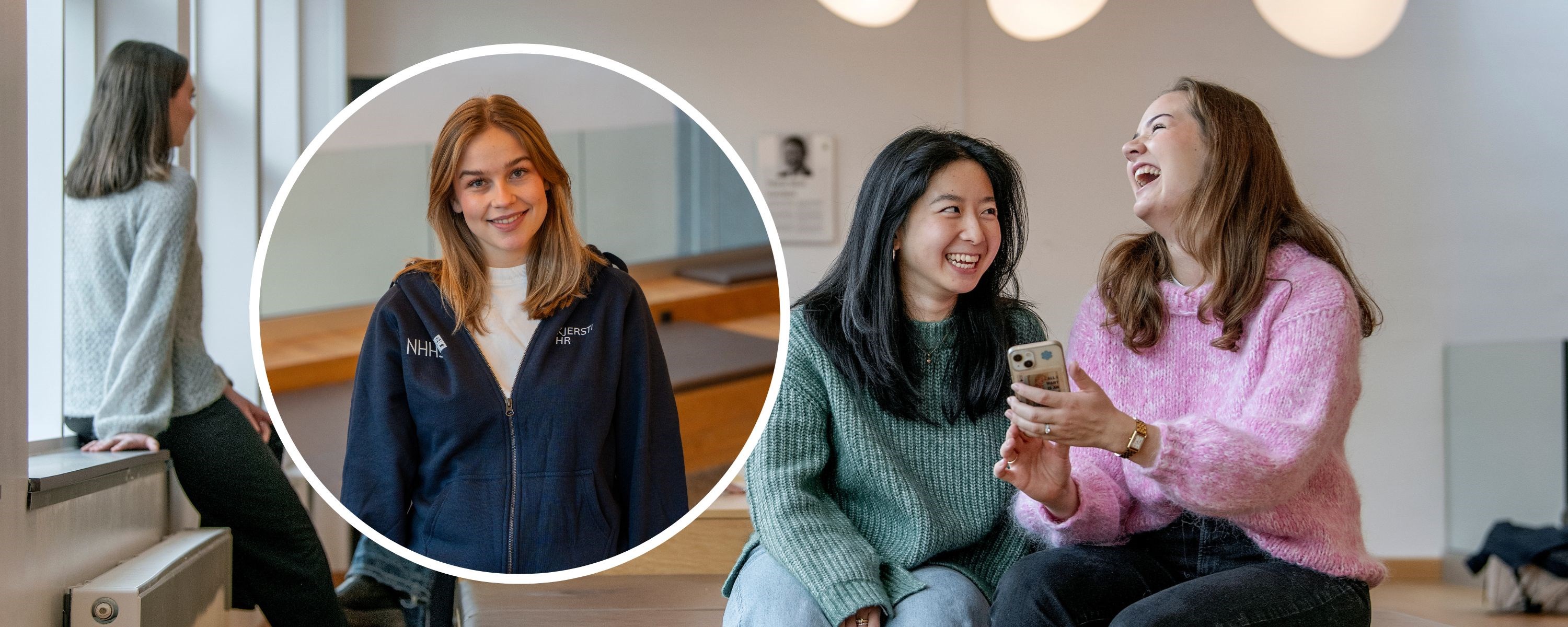 Bilde av Kjersti Nøttum Haaland. Foto: Håvard Fagerholt og bilde av to NHH-studentambassadører som ler og ser på en mobil. Foto: Håvard Fagerholt/Helge Skodvin