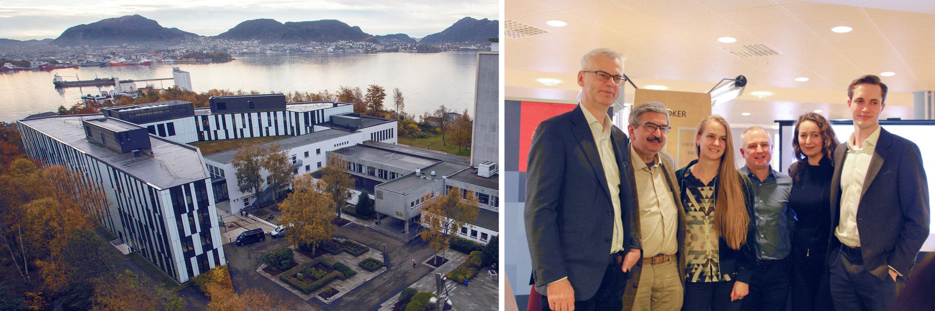 A photo of the Norwegian School of Economics and Rector Øystein Thøgersen, Salil Tripathi from Institute for Human Rights and Business, leader of Rafto x NHHS Ada Gjedebo Hetland, Greg Priest from IKEA Global, senior consultant in Rafto, Therese Jebsen and project assistant in Rafto, Nicholas Nord Drange. Here seen at the Rafto x NHHS’ introduction meeting at the library.  