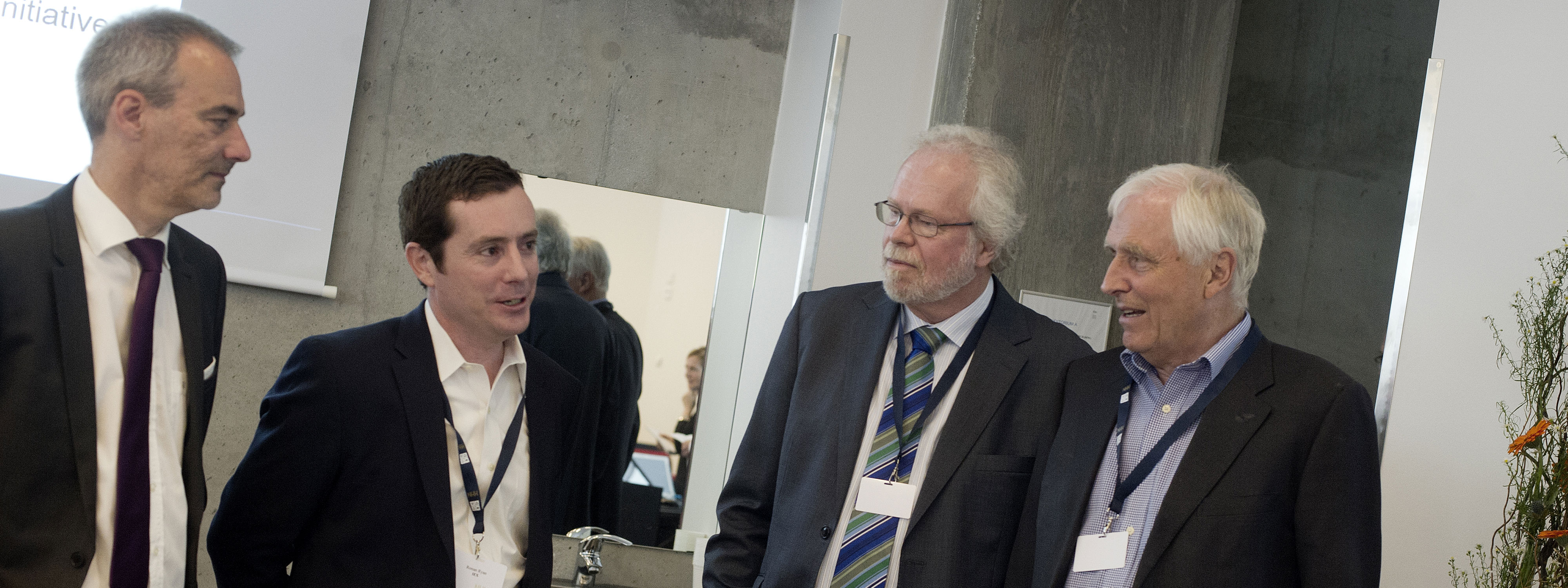 Professor Klaus Reiner Schenk-Hoppé (left) Ronan Ryan Chief Strategy Officer at IEX GROUP, Terje Lensberg and Thore Johnsen, both professor at Department of Finance NHH, at Jan Mossin Memorial Symposium «Do financial markets double-deal investors?». 