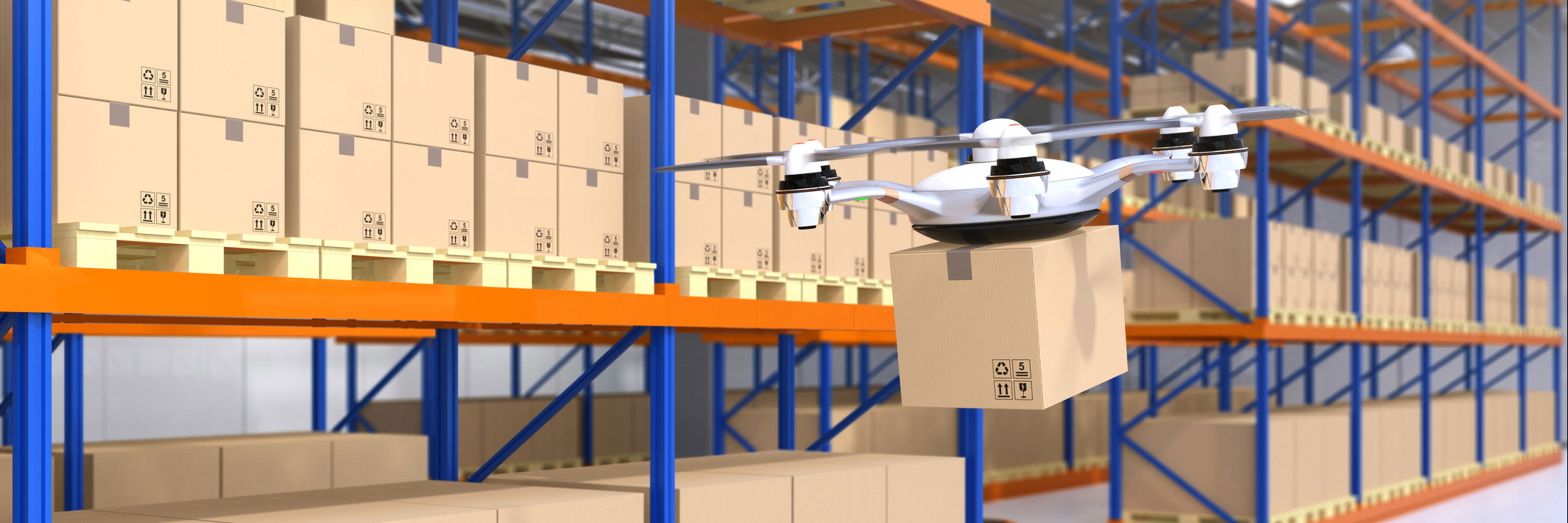 Warehouse drone and robots. Illustration: Haiyin/Dreamstime