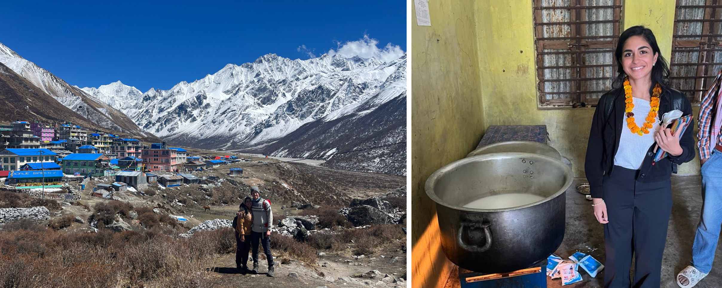 Nikita og Kristian bor sammen i Katmandu.  Her er de I landsbyen Kyanjin Gompa i Langtang på 3850 moh, sammen med mann (og NHH alumni) Kristian. - Neste morgen besteg vi toppen av Kyanjin Ri på 4777moh, sier Nikita. 