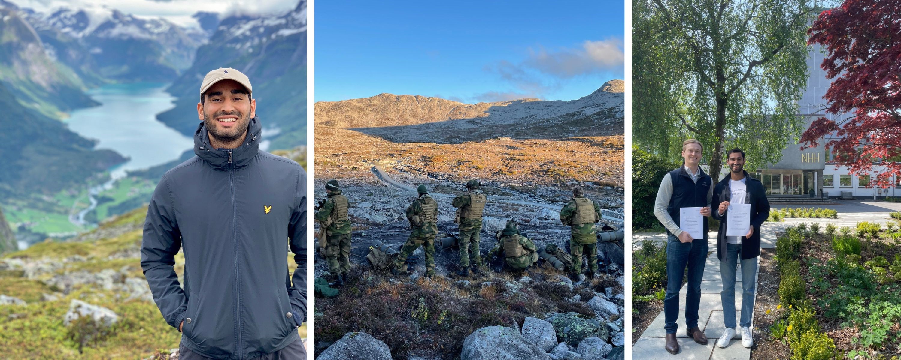 Pictures of Parth Sarna in three different settings. One of them in front on the NHH building after submitting his master's thesis. Photo: private