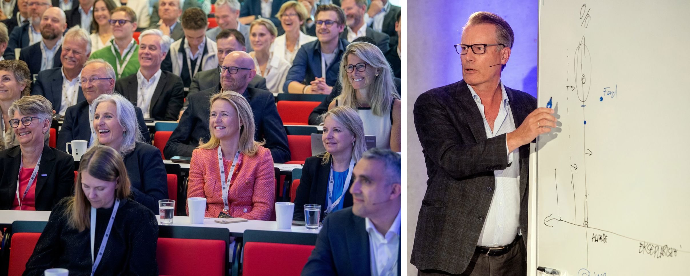 Bilde av publikum på Vårkonferansen og Johan H. Andresen. 