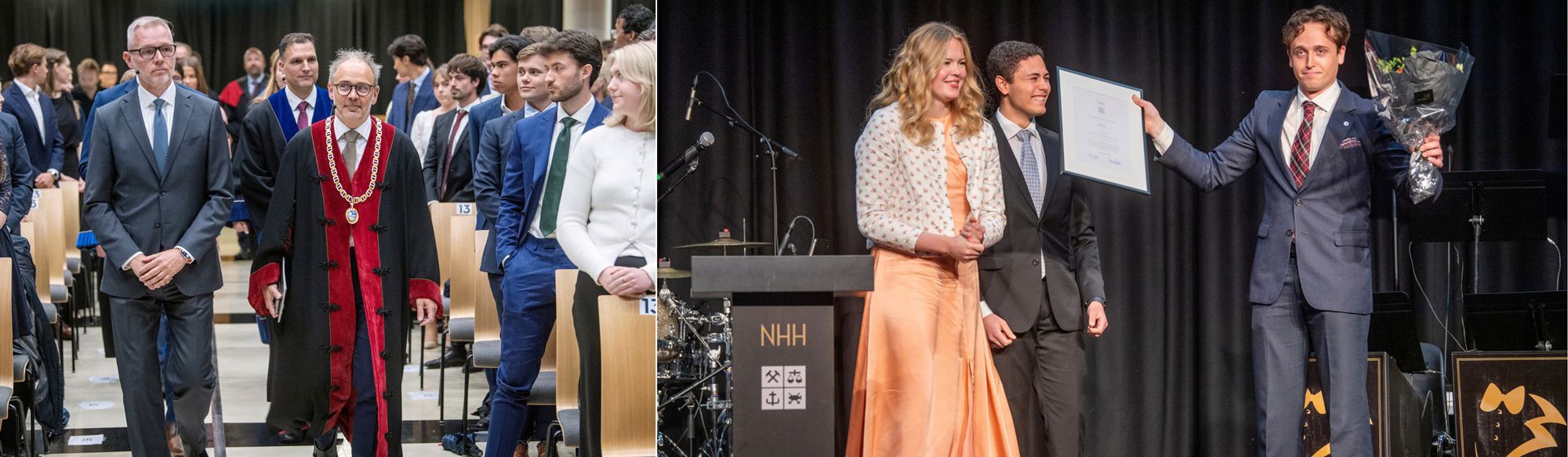 IMMATRIKULERING 2026: NHHs styreleder Martin Skancke og rektor Helge Thorbjørnsen, Læringsmiljøutvalget sine studentrepresentanter Johanne Marie Haanes og Daniel Lund Imani - og Arman Andreas Lange, som mottok pris på vegne av UKEN 2026. 