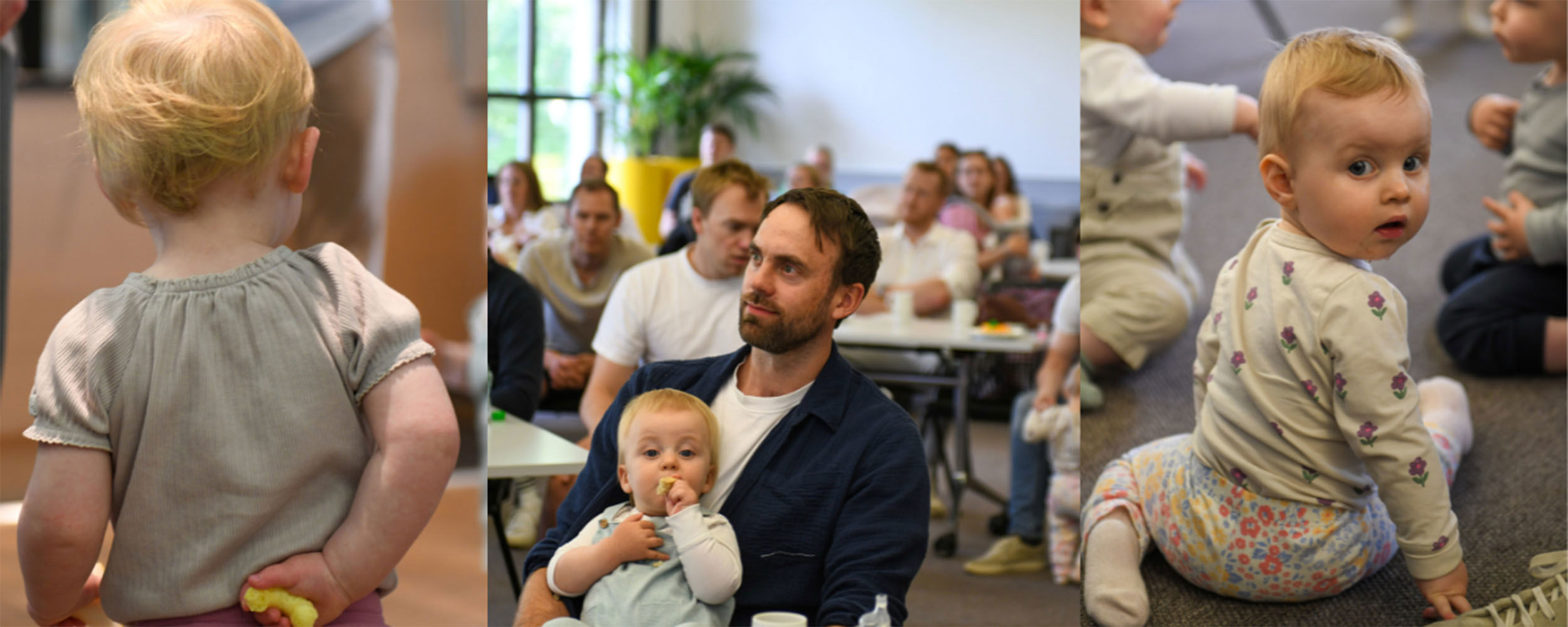 Kollasj med bilder av NHH alumner på permisjonstreff med babyer og barnevogner.
