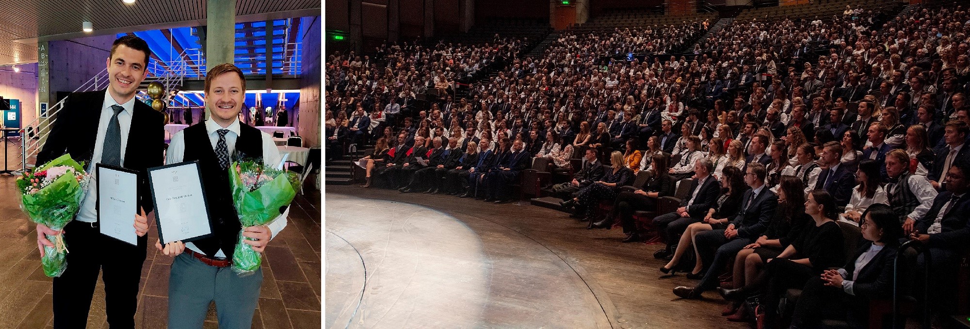 Førsteamanuensene Håkon Otneim (til venstre) og Geir Drage Berentsen har mottatt  NHHs undervisningspris «Inspirational Teaching Award» som de første i historien. Foto: Helge Skodvin