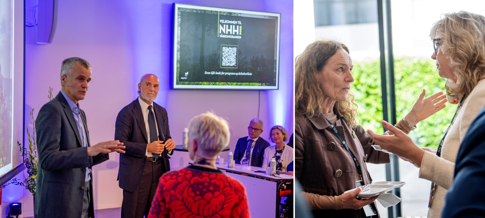 NHH-professor Karin Thorburn i samtale med Helge Lund og Luigi Rizzo om å skape vekst i urolige tider. Til høyre Norce-sjef Camilla Stoltenberg  og Eileen Fugelsnes, statssekretær for  for forsknings- og høyere utdanningsministeren. Foto: Helge Skodvin