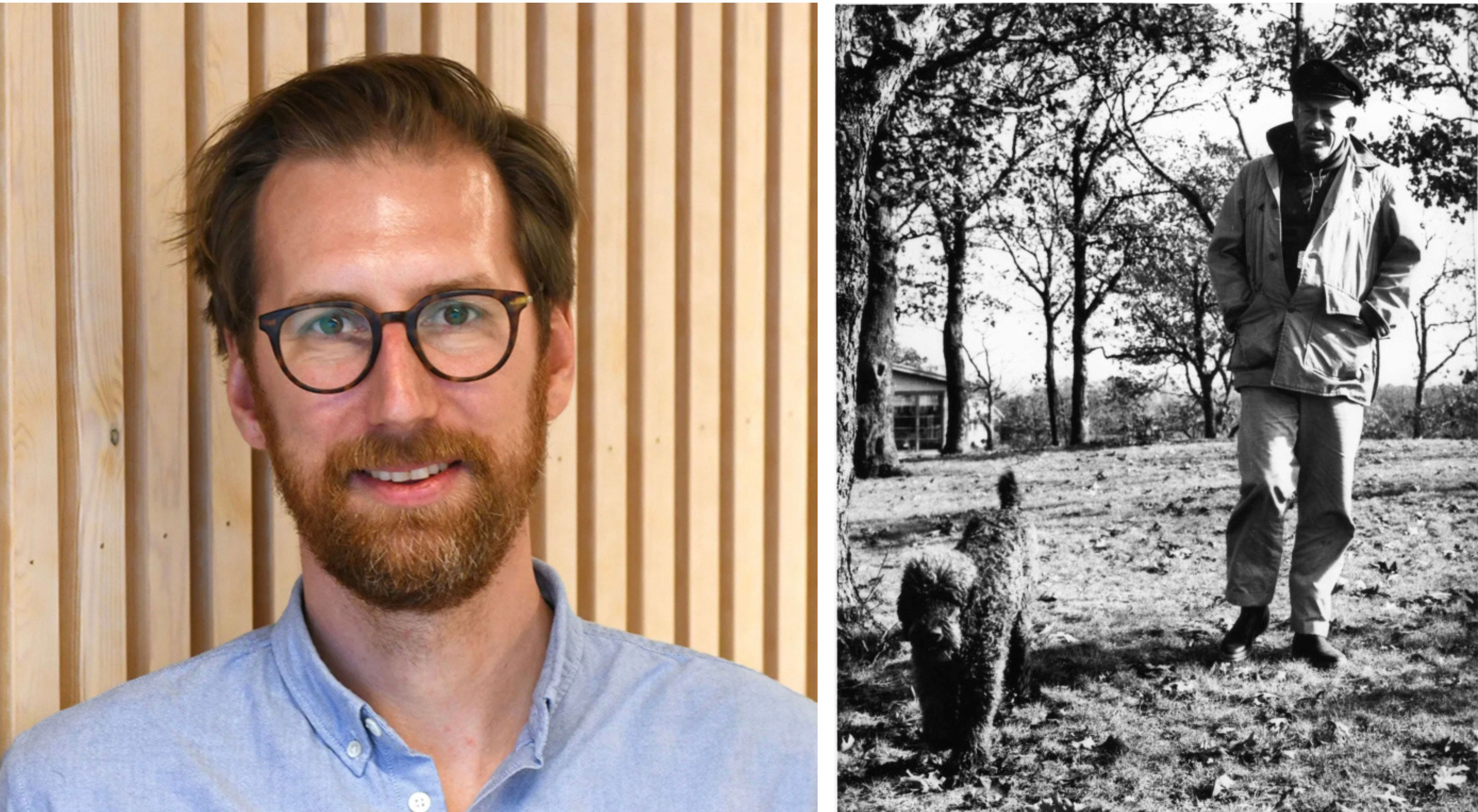 Photo collage of Eirik Sjåholm Knudsen and picture of writer John Steinbeck and his dog Charley