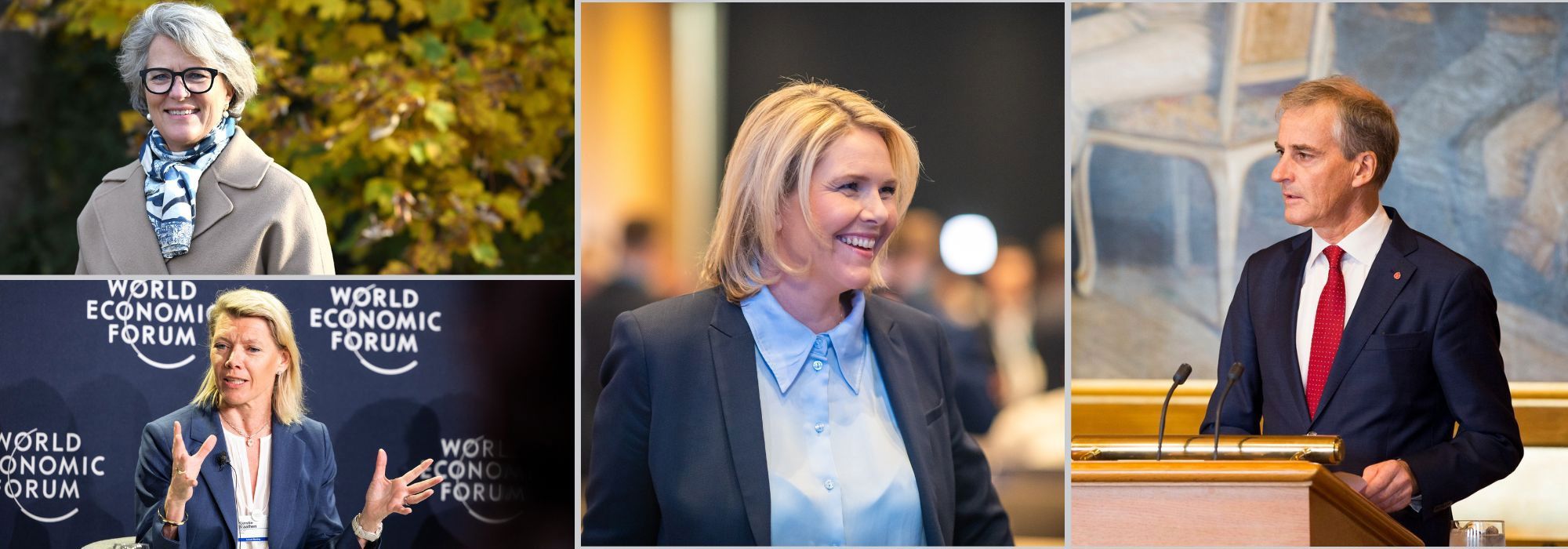I tillegg til toppolitikere, kommer noen av Norges mest innflytelsesrike næringslivsledere: Fra venstre: Benedicte Schilbred Fasmer, administrerende direktør i Telenor Group, Kjerstin Braathen, konsernsjef i DNB, Sylvi Listhaug, partileder i FrP og statsminister Jonas Gahr Støre Foto: Hallvard Lyssand, World Economic Forum, FrP, Stortinget