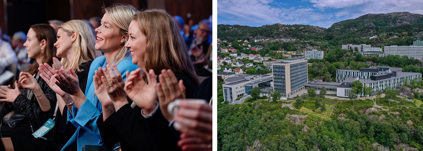 Alumni at conference and aerial of NHH