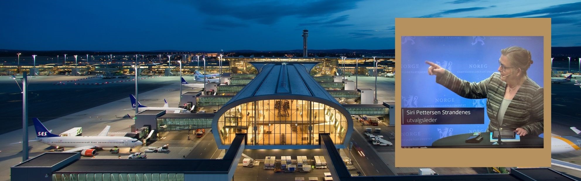 NHH-professor Siri Pettersen Strandenes presenterte rapporten «Er det behov for en tredje rullebane på Oslo lufthavn?» i dag. Hun har ledet ekspertutvalget som overleverte sin redegjørelse til samferdselsminister Jon-Ivar Nygård. Foto: Avinor Oslo lufthavn (Espen Solli) og skjermdump, Samferdselsdepartementet. 