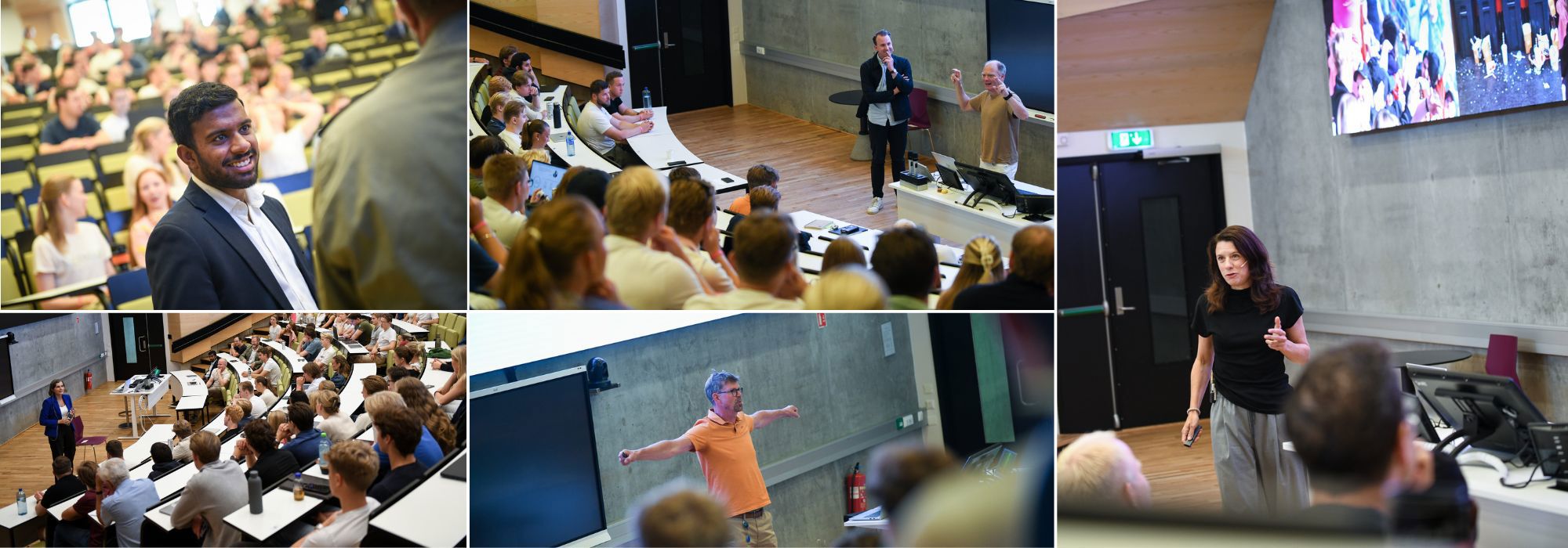 FORELESERE: Dino Uruthian fra McKinsey, René Højklint fra Equinor sammen med NHH-professor Alexander W. Cappelen, professor Siv Skard. Under: Førsteamanuensene Claudia Förster Hegrenæs og Aksel Mjøs. 