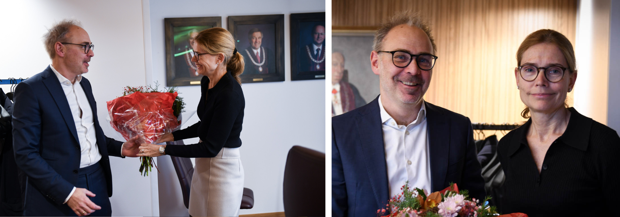 Helge Thorbjørnsen will be the new NHH rector. Here he receives flowers from chairman Karen Helene Ulltveit-Moe.