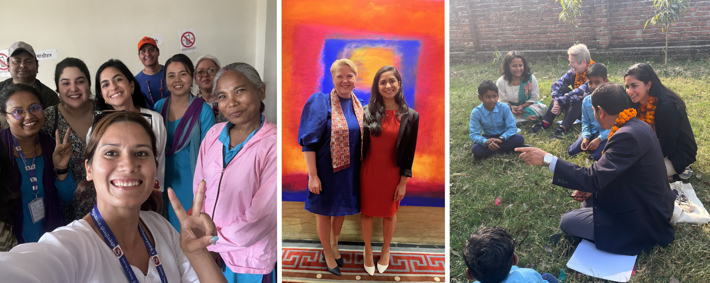 Nikita met with health workers in Koshi (left), Nikita together with Development Minister Anne Beate Tvinnerrheim in 2023 and school and field visit in Madesh together with the ambassador (right)