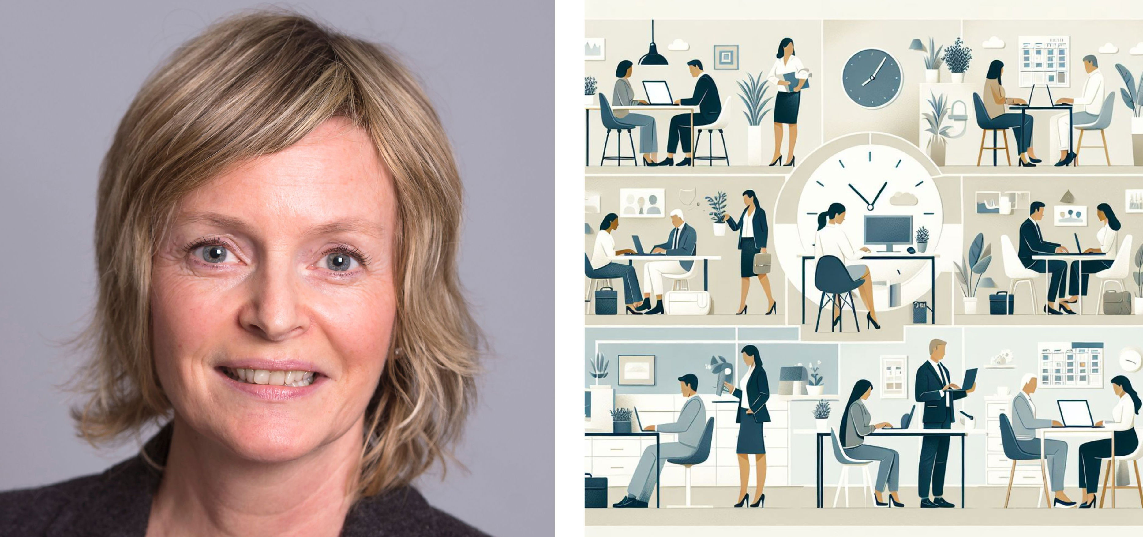 Collage of photo of Karen Olsen and AI-illustration.