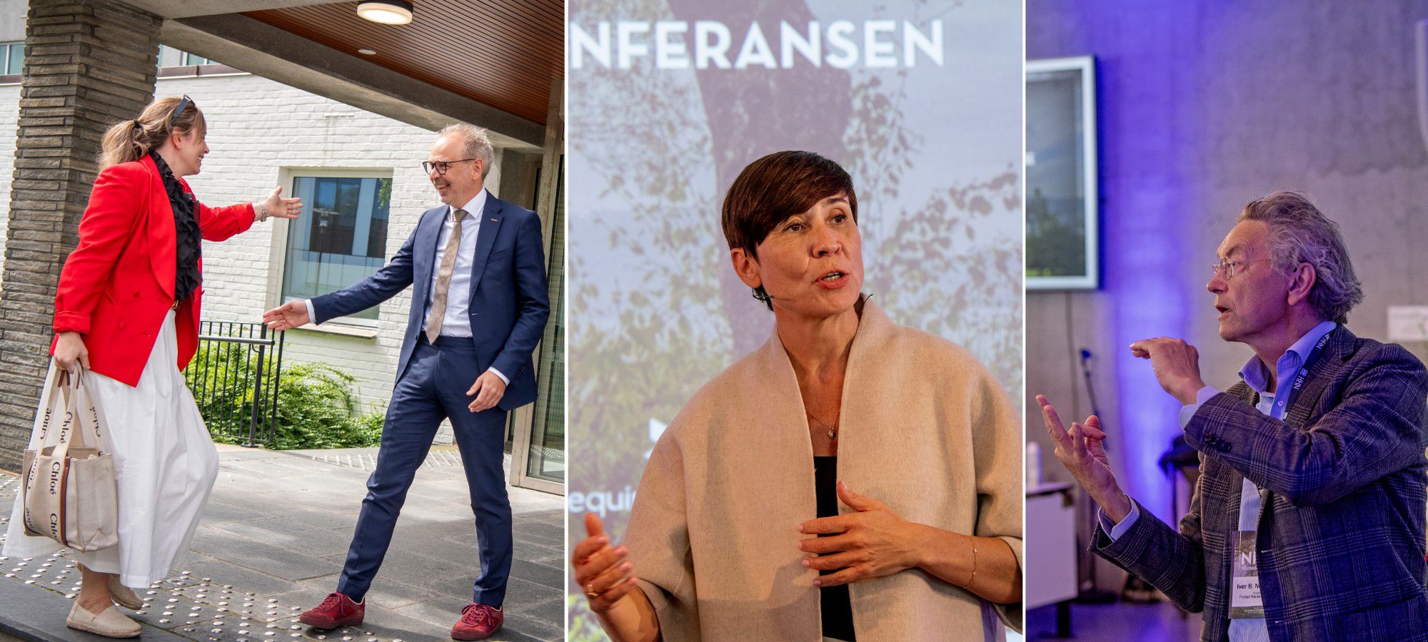 Rektor Helge Thorbjørnsen tar imot Henriette Sæther Tveit. Ine Eriksen Søreide (Høyre) og Iver B. Neumann (Fridtjof Nansens Institutt) spente opp det geopolitiske lerretet.