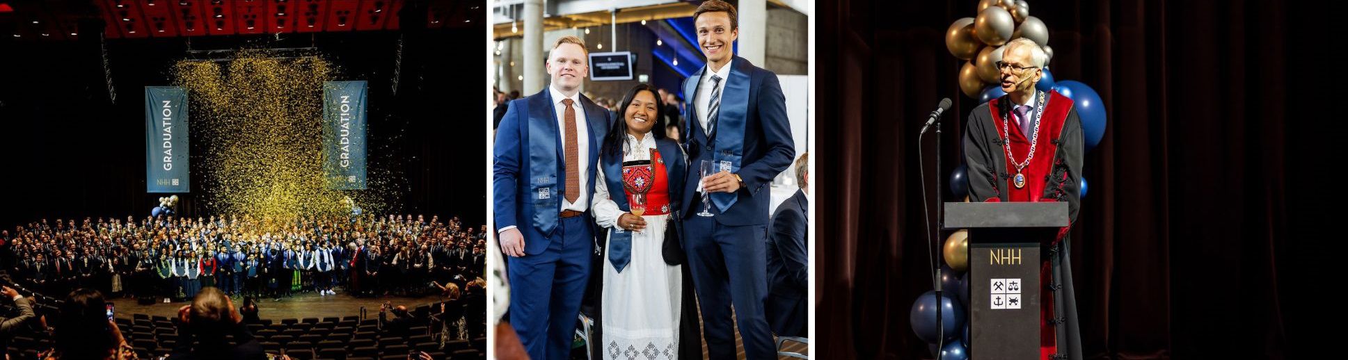 The middle picture shows Hans Christian Beisland, Tiril Perminow and Thomas Solem. From the right: NHH Rector Øystein Thøgersen.