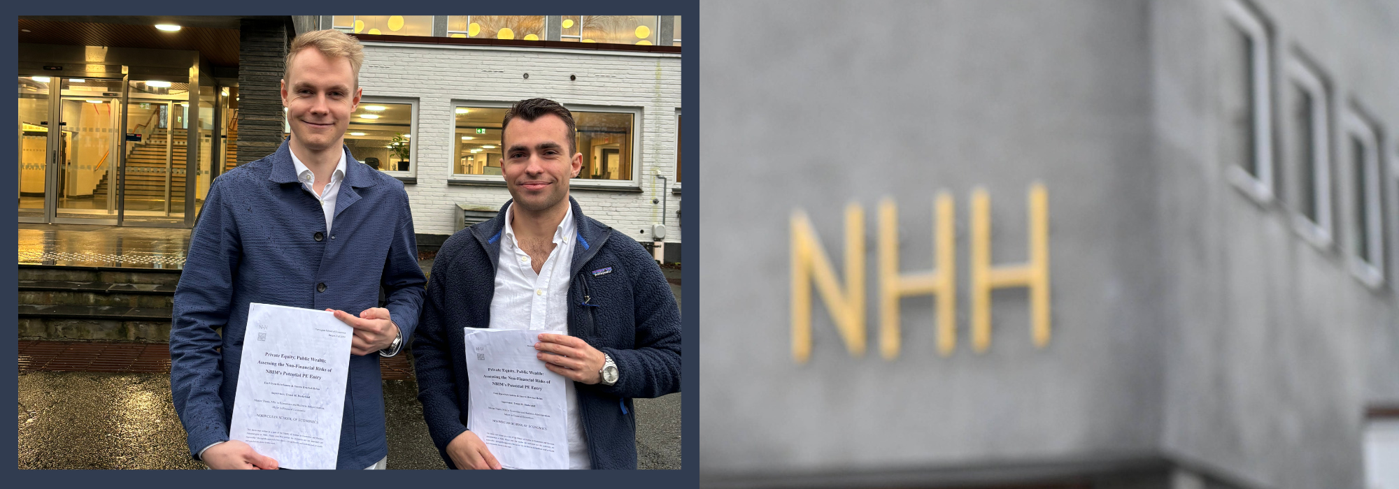 FINISHED: Emil Kristiansen (left) and Snorre Helno have just handed in their master's, which was honored during the annual Karl Borch lecture. Photo: Private/NHH