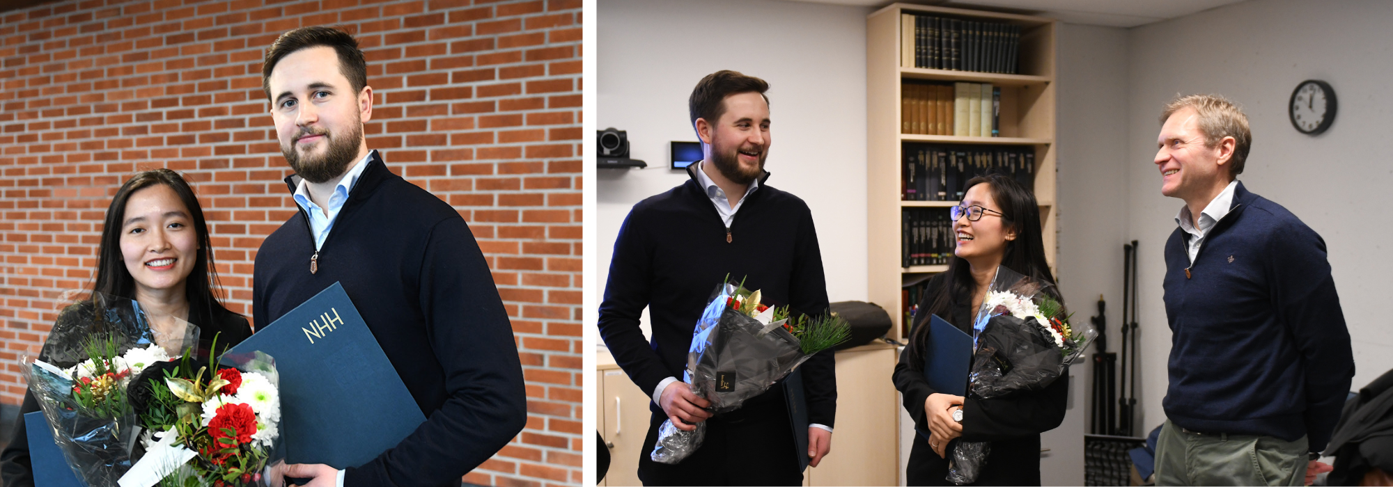 Newly graduated Hien Nguyen and Kenneth Hartmann was awarded the price for best master's thesis at the Department of economis 2024. Here with the head of the Department  Kurt Richard Brekke. Foto: Linnea Oskarsen