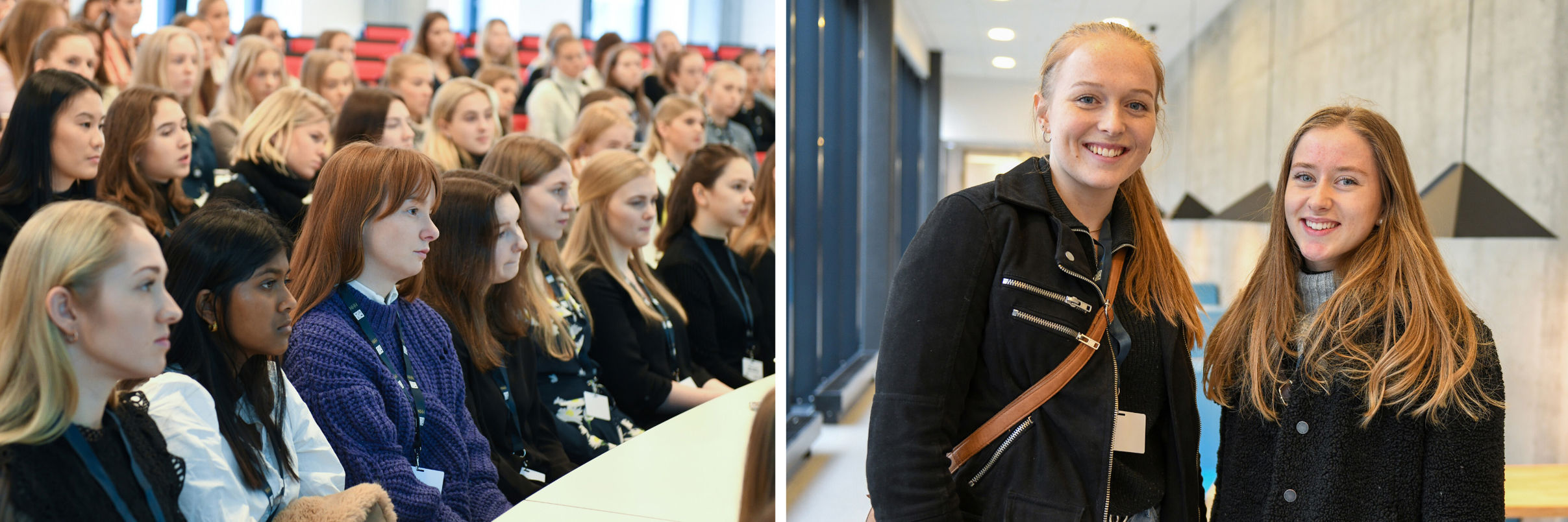 Bilde av kvinnelige studenter i et auditorium og Selma Ødegaard Lauen og Astri Runde.