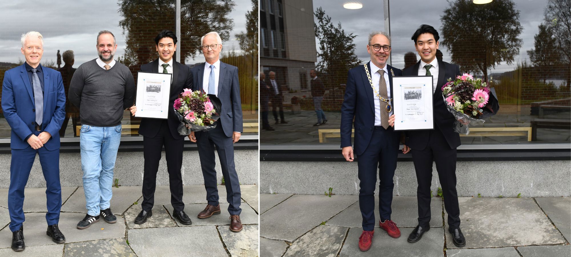 Professor Øivind A. Nilsen (leder i juryen), professor Bram Timmermans (veileder), Erik Tien Huynh, professor Jan I. Haaland (vara for styreleder i Kristofer Lehmkuhls fond) og rektor Helge Thorbjørnsen. 
