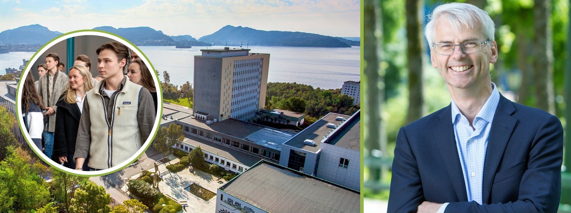 OPEN DAY AT NHH IN FEBRUARY: Former NHH student Maria Benedicte Færevaag (on the left), student ambassador Mari Walde, and then-student at Nordahl Grieg Upper Secondary School in Bergen, Joar Klepp. This autumn, he will become an NHH student.