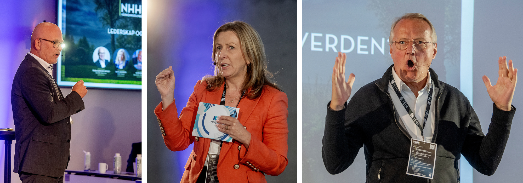 Tidligere kringkastings- og Bane Nor-sjef Thor Gjermund Eriksen (t.v.), har stått i mange kriser. God kontakt mellom leder og styret er særlig viktig her, sier han. Sjefen for IT-systemleverandøren til Pante- og sorteringssystemer, Tomra, Tove Andersen, fortalte om en hacke-episode i selskapet. Styreleder Rune Bjerke i Norsk Hydro, snakker om at støtte og tillit er det administrerende direktører trenger i turbulente tider. Styret på sin side svarer at de trenger administrerende direktører som holder roen og tenker flere mulige løsninger. 