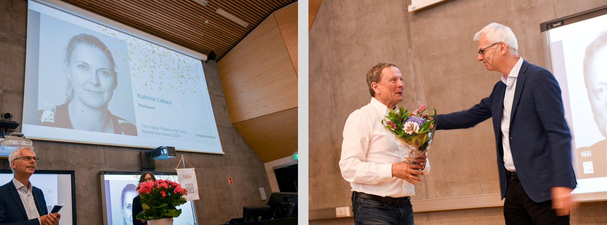 NHH-professor Øystein Thøgersen kunne i dag overrekke forskningspriser til Katrine V. Løken og Paul N. Gooderham. Foto: Ingunn Gjærde