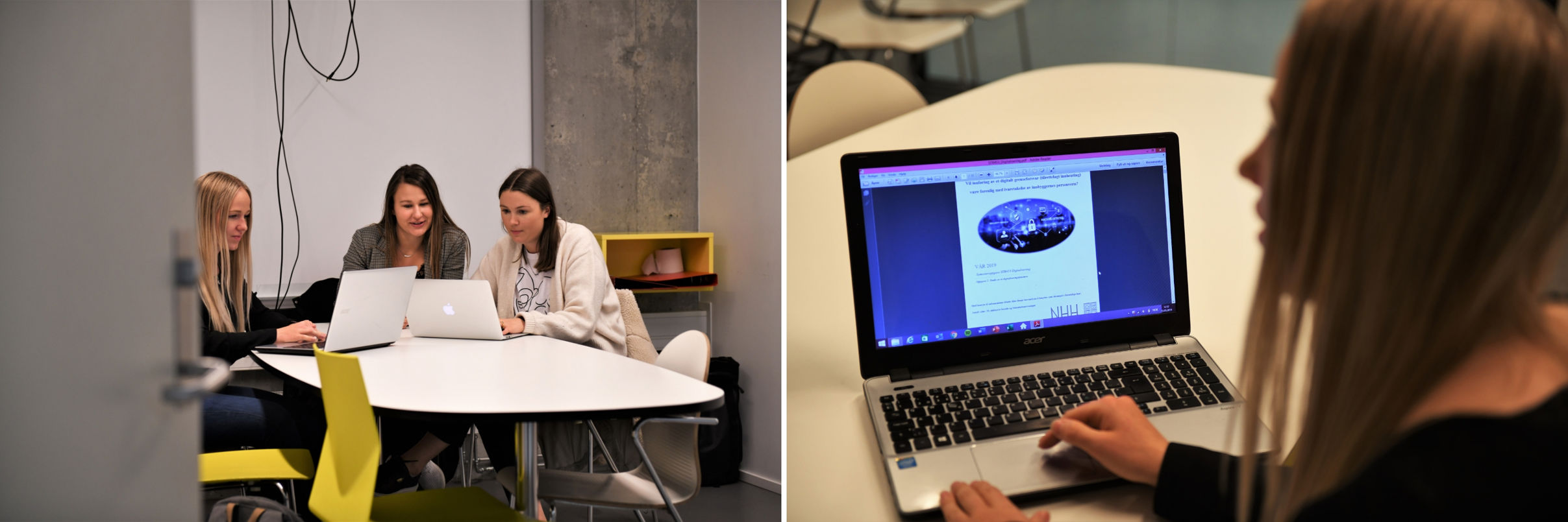 Female NHH students working on home exam.