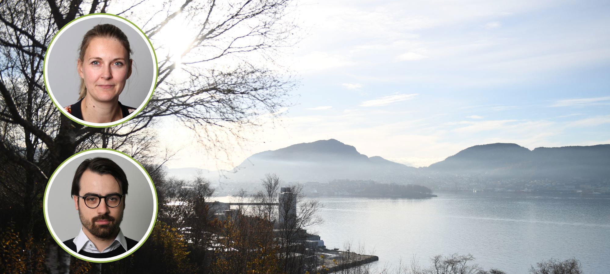 Overview of the Norwegian School of Economics (NHH) in Bergen, surrounded by greenery and residential houses. At the bottom, portraits of two researchers connected to a new EU project on fair energy transition.