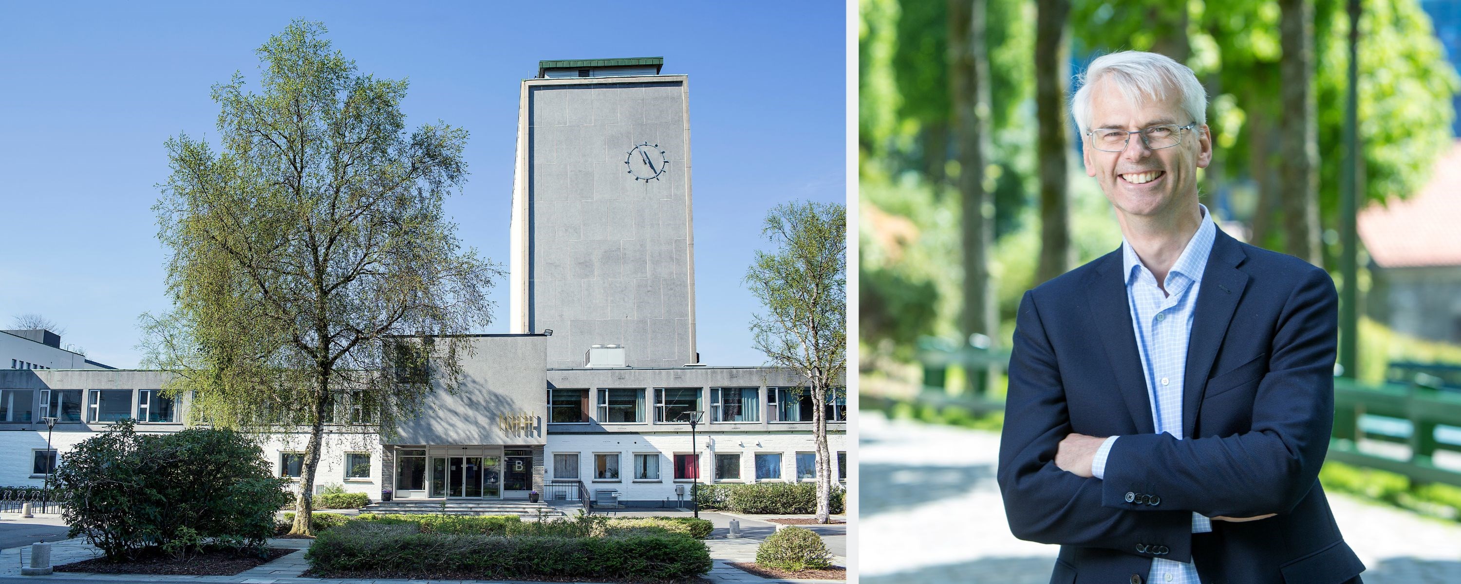 Bilde av NHH-campus og rektor Øystein Thøgersen. Foto: Silje Katrine Robinson og Eivind Senneset