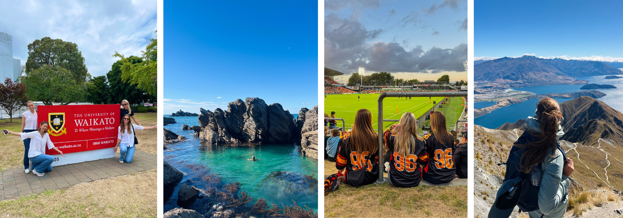 JOURNEY OF DISCOVERY: Anna Stina Stafsnes has managed to experience a lot after just a few weeks in New Zealand. Here from university, swimming in hot springs, a rugby match and a mountain hike. 