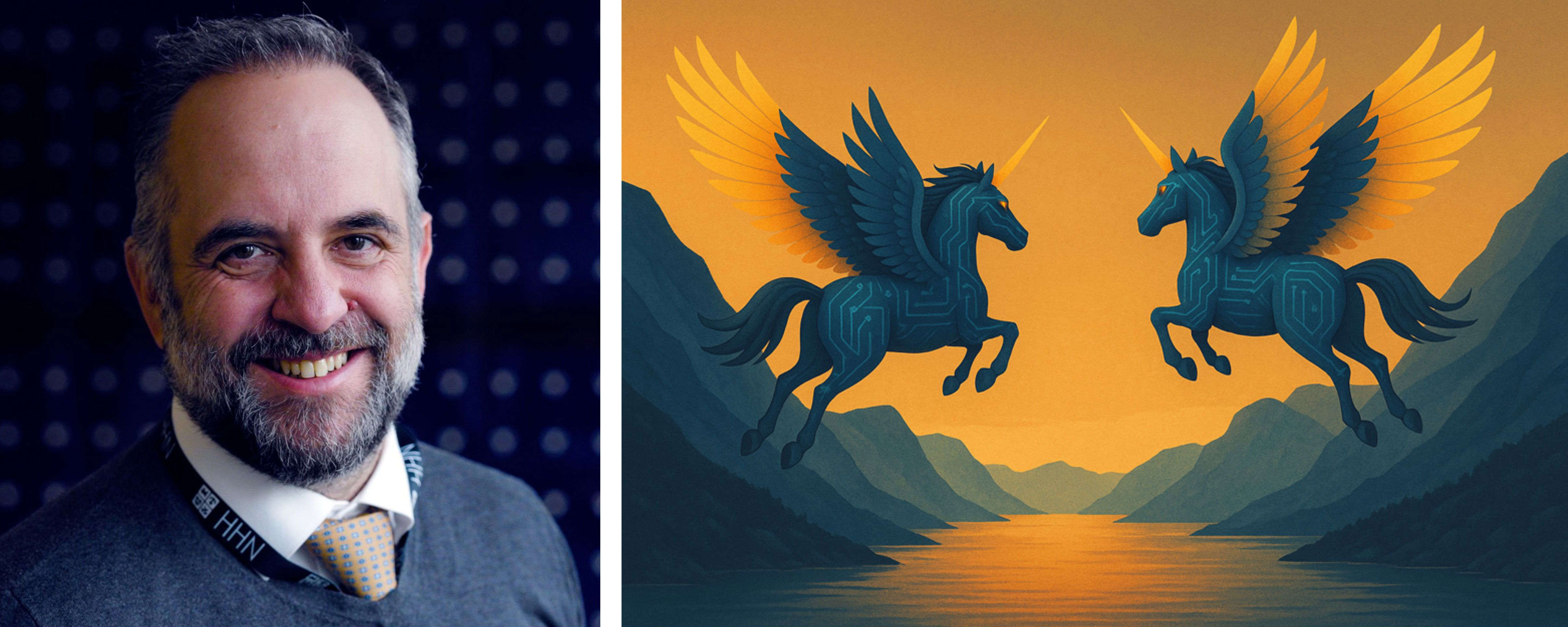 Photo collage of Bram Timmermans and AI-generated pictures of unicorns in flight.
