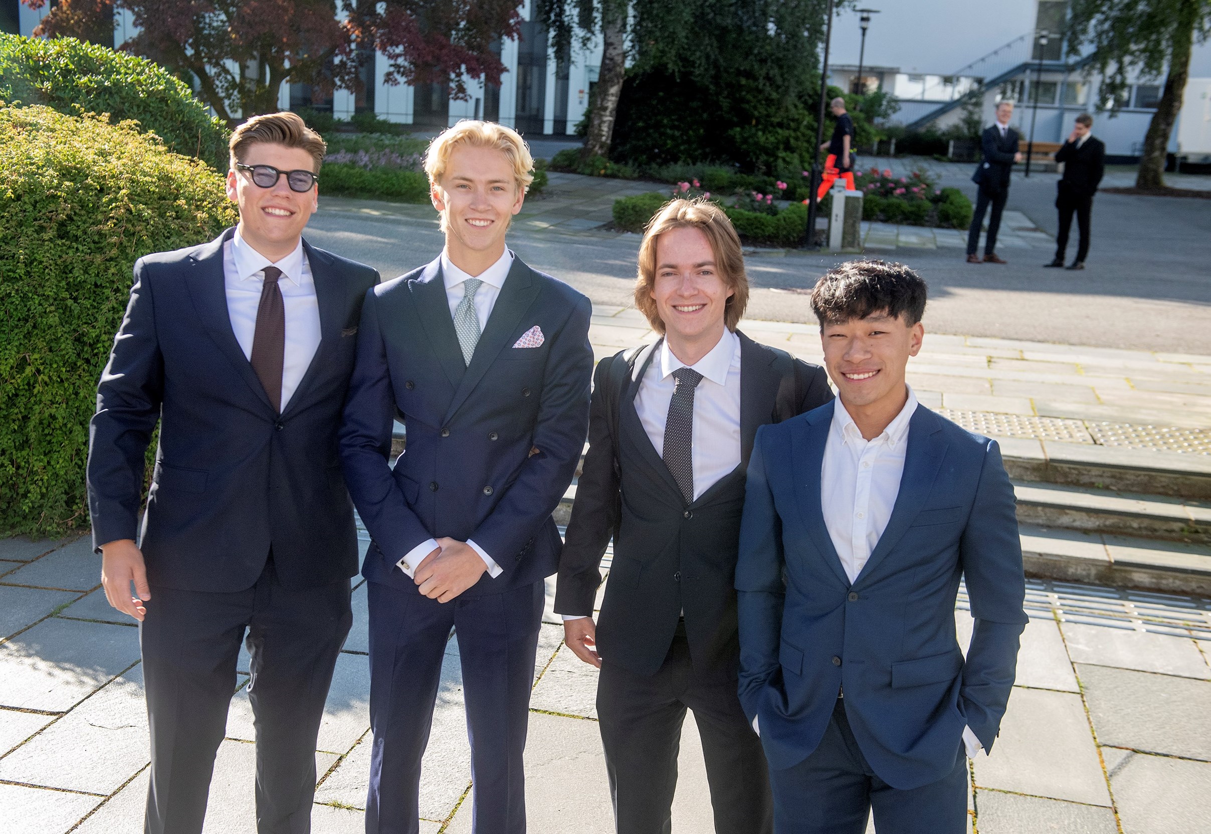 EXCITED: Filip Svortevik (22) (front), Lukas Laeng (21), Victor Goller (19) and Espen Andreas Sildal (22) are brand new NHH students.