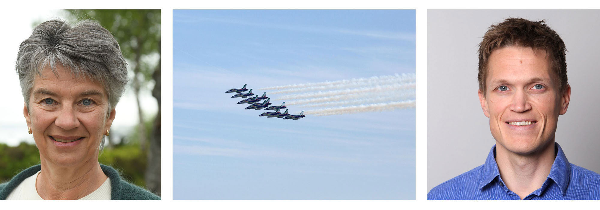 Photo collage of professors Kaarbøe and Fyhn wiht illustration photo of fighter jets.