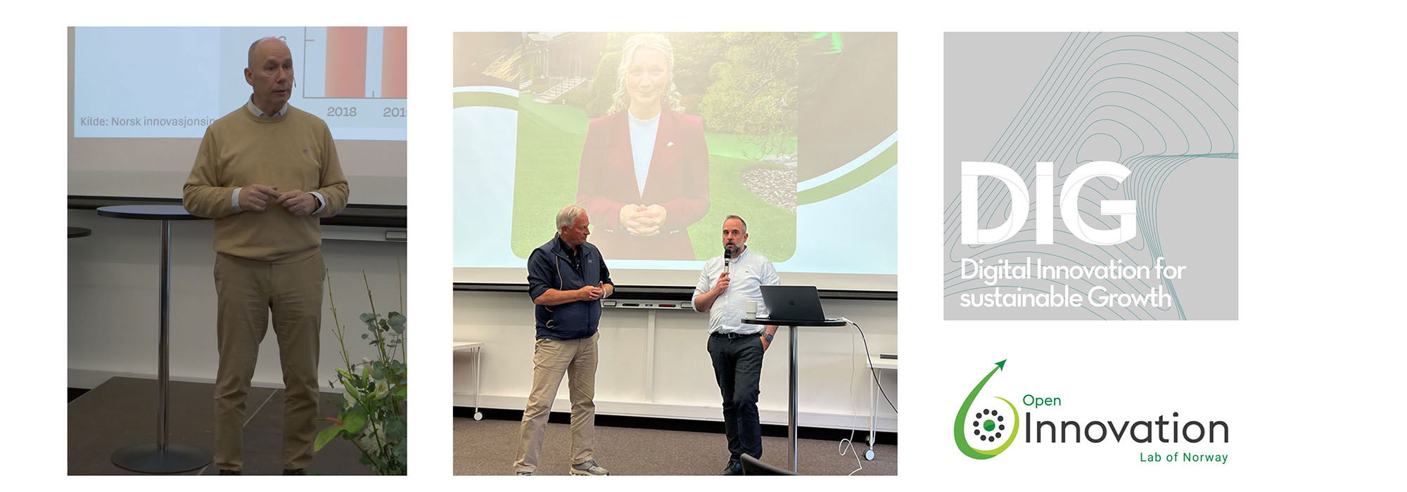 Picture collage of Tor W. Andreassen, Bram Timmermans and logos of Open Innovation Lab and DIG