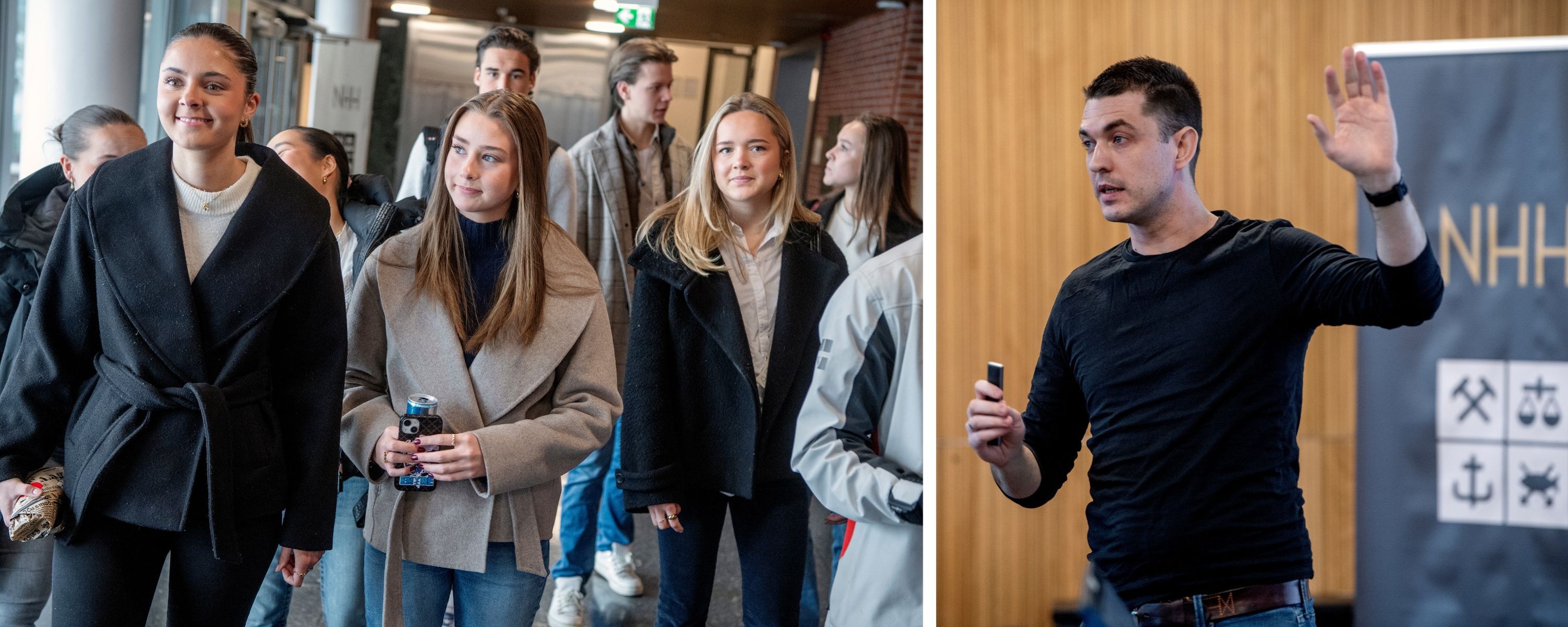 Bilde av Julie Fredriksen og Elise Adina Sundvor-Bjørnevik. Bilde til høyre er Håkon Otneim, programansvarlig for NHHS nye bachelorprogram. Foto: Helge Skodvin 