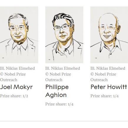 Sveriges Riksbanks pris i økonomisk vitenskap til minne om Alfred Nobel gikk i år til Joel Mokyr, Philippe Aghion  og Peter Howitt. Ill: Niklas Elmehed © Nobel Prize Outreach