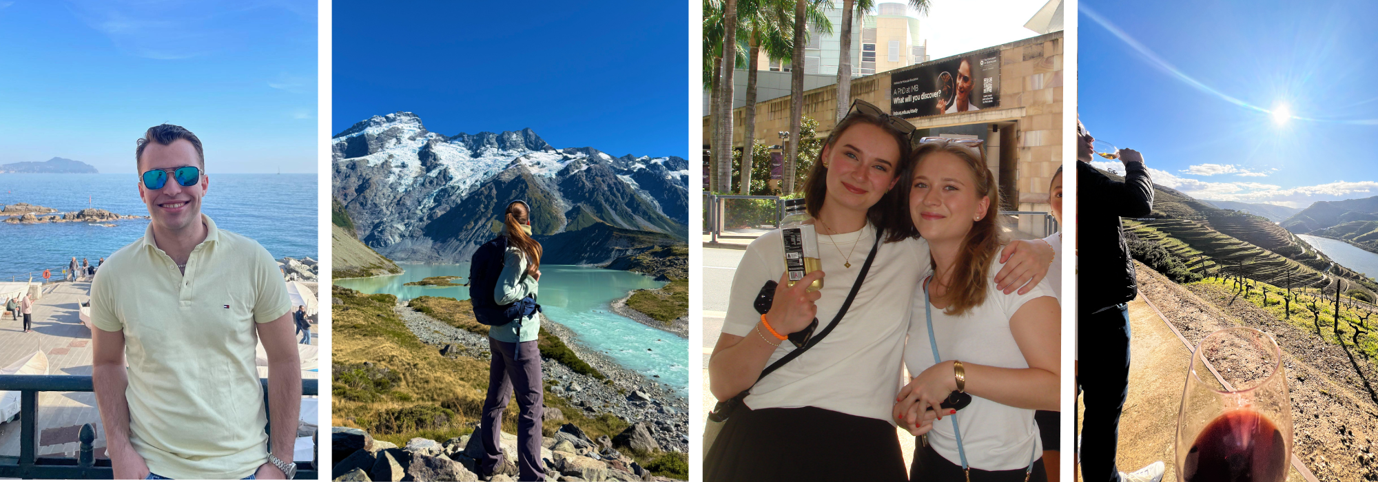 EXCHANGE: Snorre Helno (left), Anna Stina Stafsnes, Mari Walde and Emil Dyrø Kristiansen are all NHH students who are currently studying at universities around the world. Photo: Private