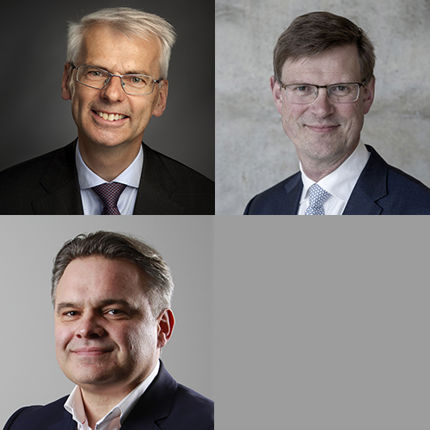 Rektor Øystein Thøgersen, programansvarlig Aksel Mjøs og fungerende NHHE-direktør Tore Hillestad (nede). Foto: Hans Jørgen Brun/Helge Skodvin/Hallvard Lyssand