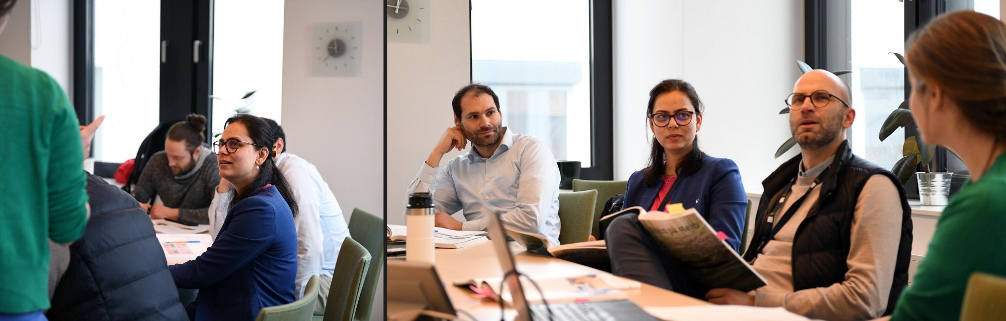 Foreign academic staff at NHH Norwegia School of Economics learn to speak and read Norwegian: Tomi Rajala (Finland), Vidya Oruganti (India), Mohammed Mardan (Germany), Oruganti, and Björn Shmeiβer (Germany) – and lecturer Kari Johanne Oma at Department of Professional and Intercultural Communication, NHH. Photo: Sigrid Folkestad