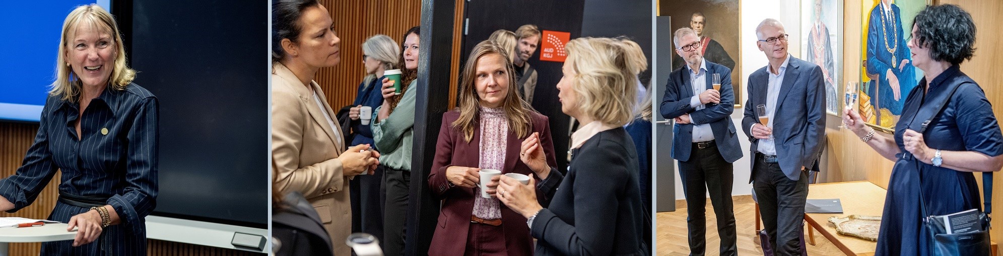 Høytidelig åpning av den nye fellesgraden fra UiB og NHH mandag denne uken: – Et helt unikt program, sa UiB-rektor Margareth Hagen til studentene. Departementsråd Petter Skarheim fra Kommunal- og distriktsdepartementet i samtale med NHH-rektor Øystein Thøgersen og rektor ved Departementsakademiet, Lise Vivienne Løseth. Foto: Helge Skodvin